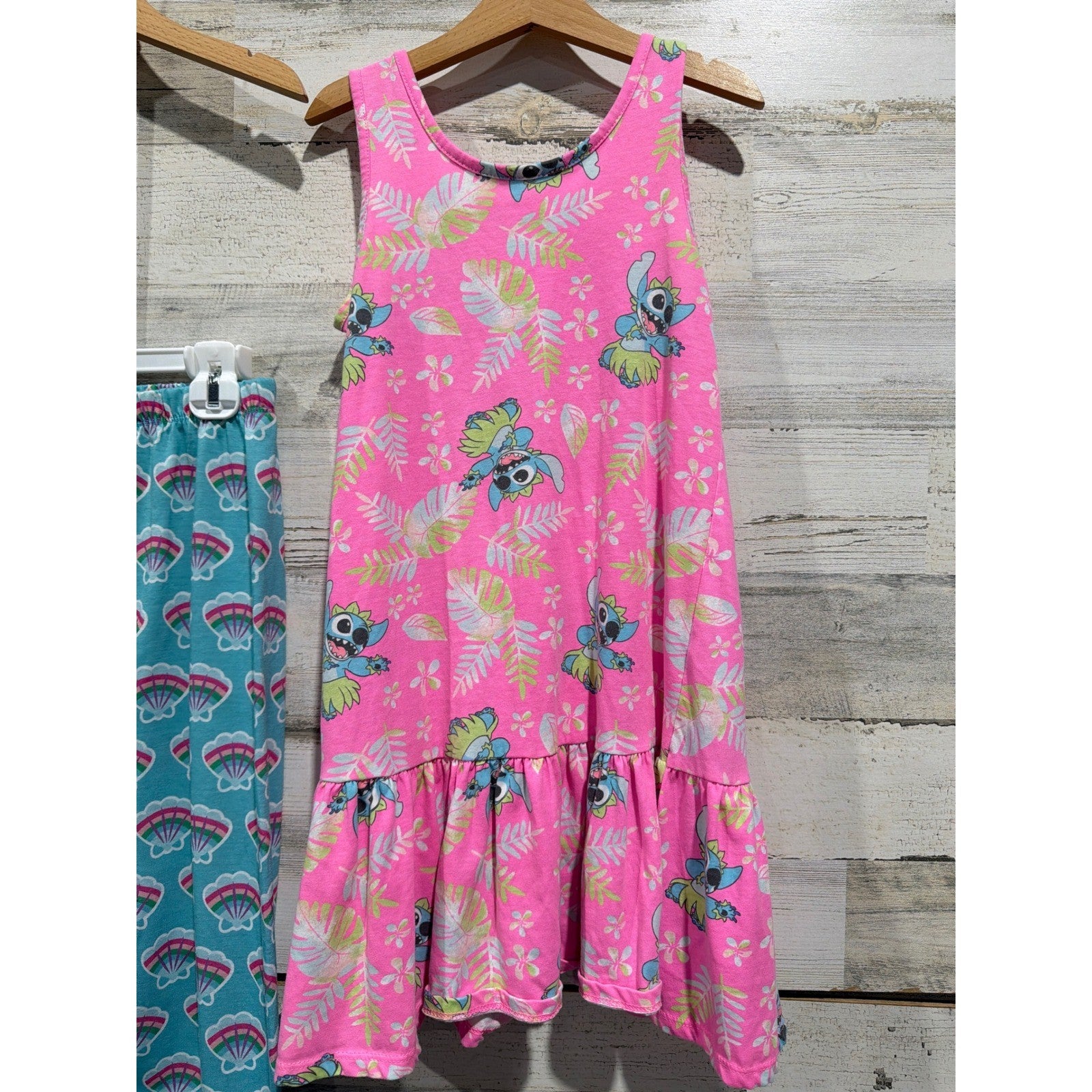 Disney Pajamas Dress Girls 7/8 Teal Pink Ariel Stitch Mermaidcore EUC3