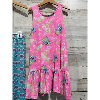 Disney Pajamas Dress Girls 7/8 Teal Pink Ariel Stitch Mermaidcore EUC3