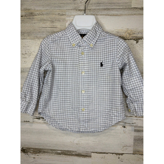 Ralph Lauren Button Up Shirt Boys 18M White Blue Plaid Cotton Preppy EUC0