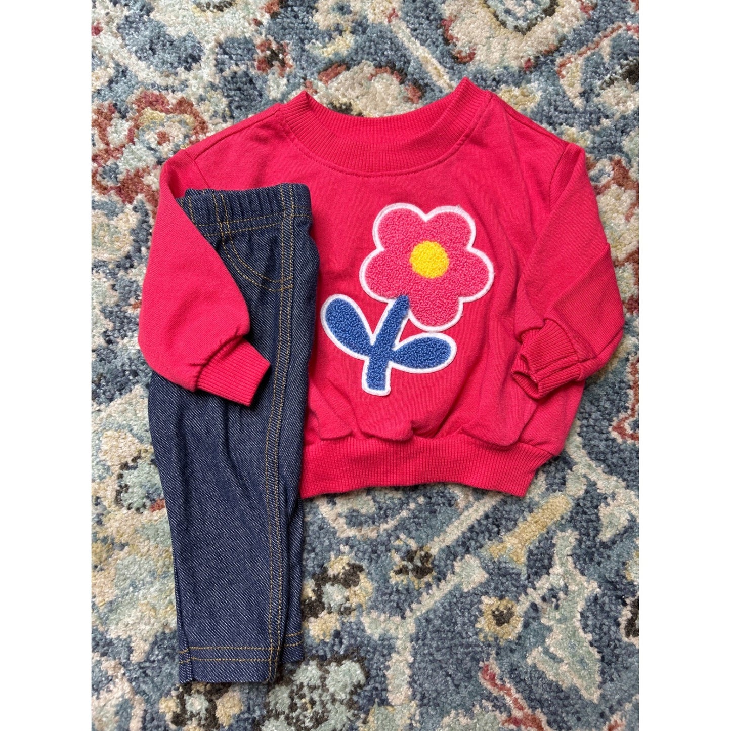 Old Navy 0-3M Sweatshirt 3M Leggings Girls Pink Denim Flower EUC0