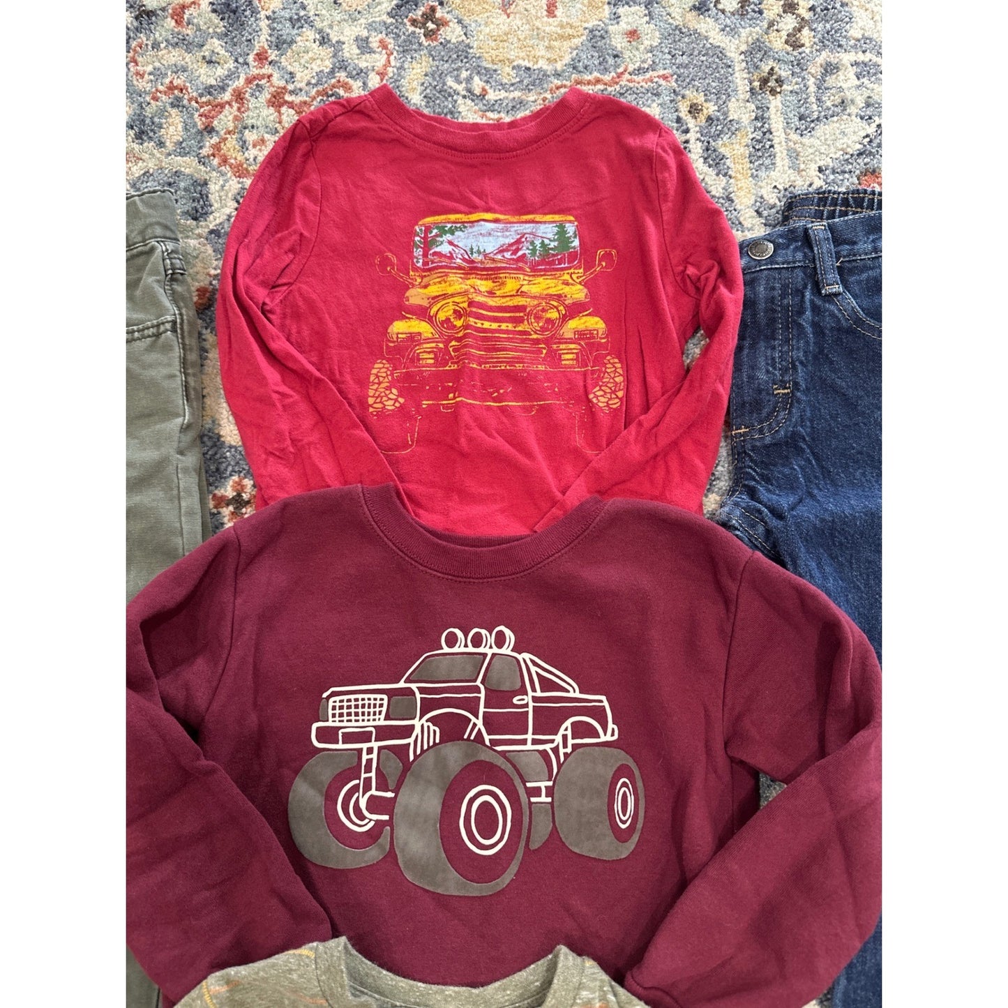 Boys 4T / 4 Long Sleeve Pants Bundle Red Olive Blue Truck2