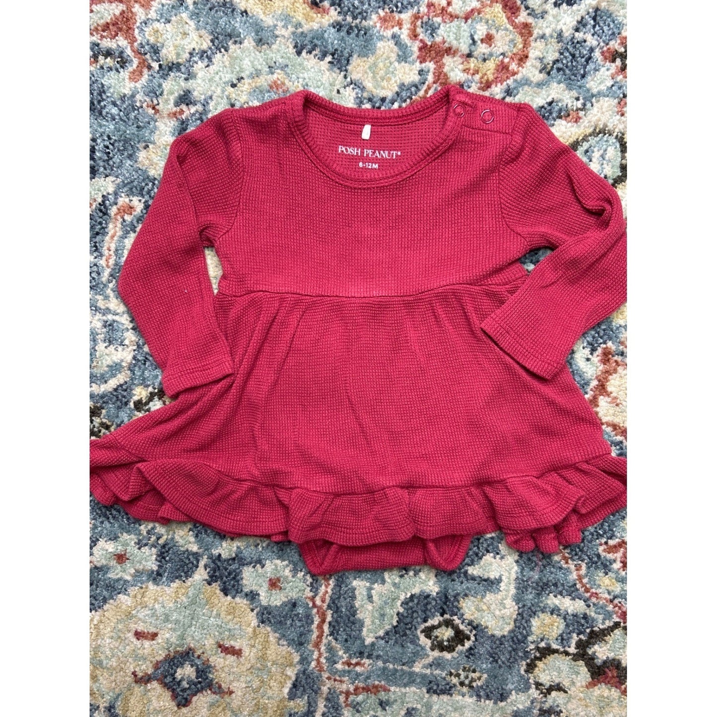 Posh Peanut Bamboo Waffle Knit Dress Girls 6-12M Pink Ruffle Hem EUC0