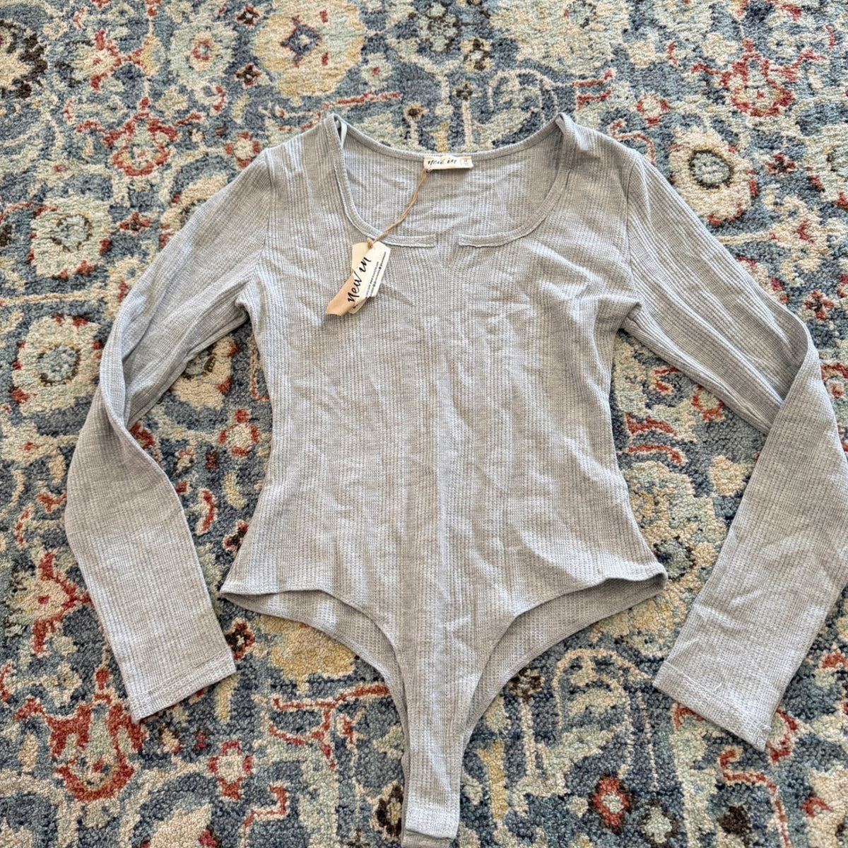 New In Waffle Bodysuit Women M Gray Polyester Thermal Casual NWT0