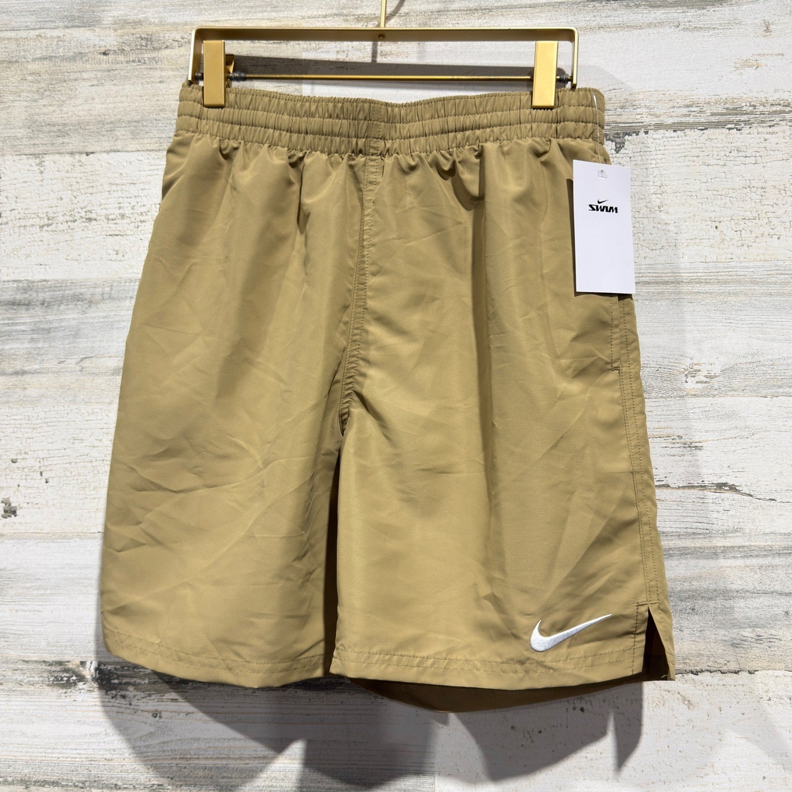 Nike Swim Trunks Men Small Tan Embroidered Swoosh NWT0
