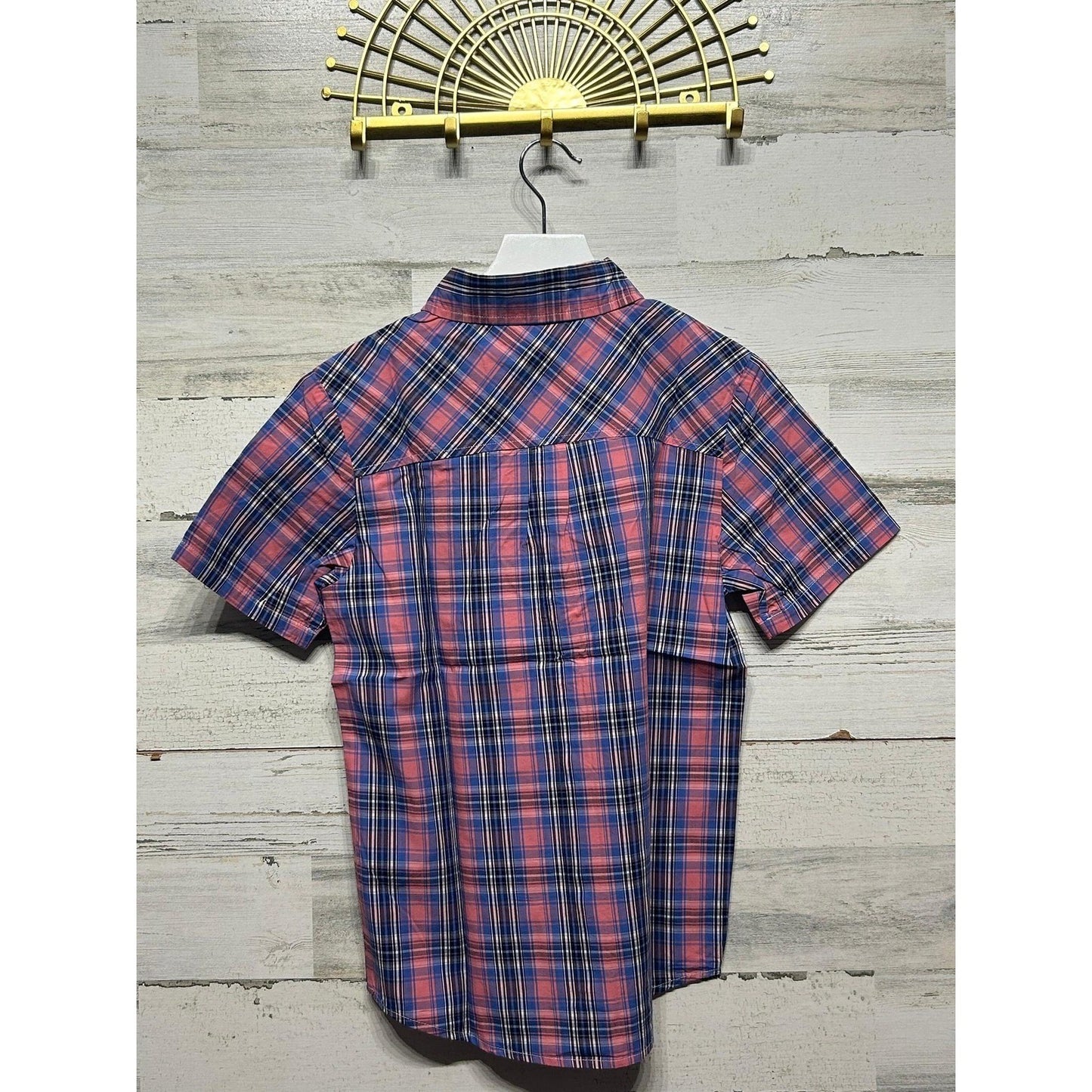 Tronjori Plaid Shirt Boys Size 10 Pink Navy Blue Short Sleeve Button Down NWT1