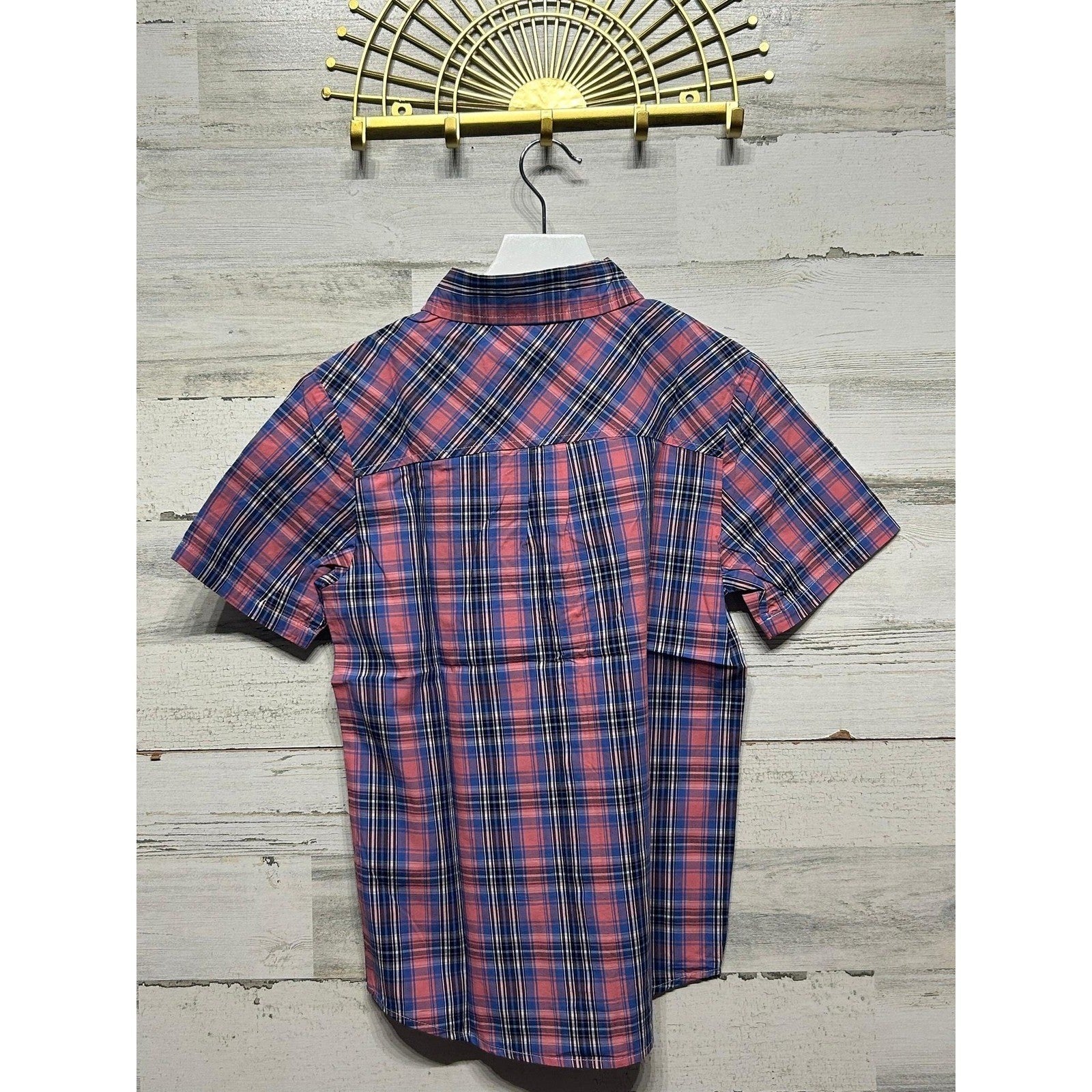 Tronjori Plaid Shirt Boys Size 10 Pink Navy Blue Short Sleeve Button Down NWT1