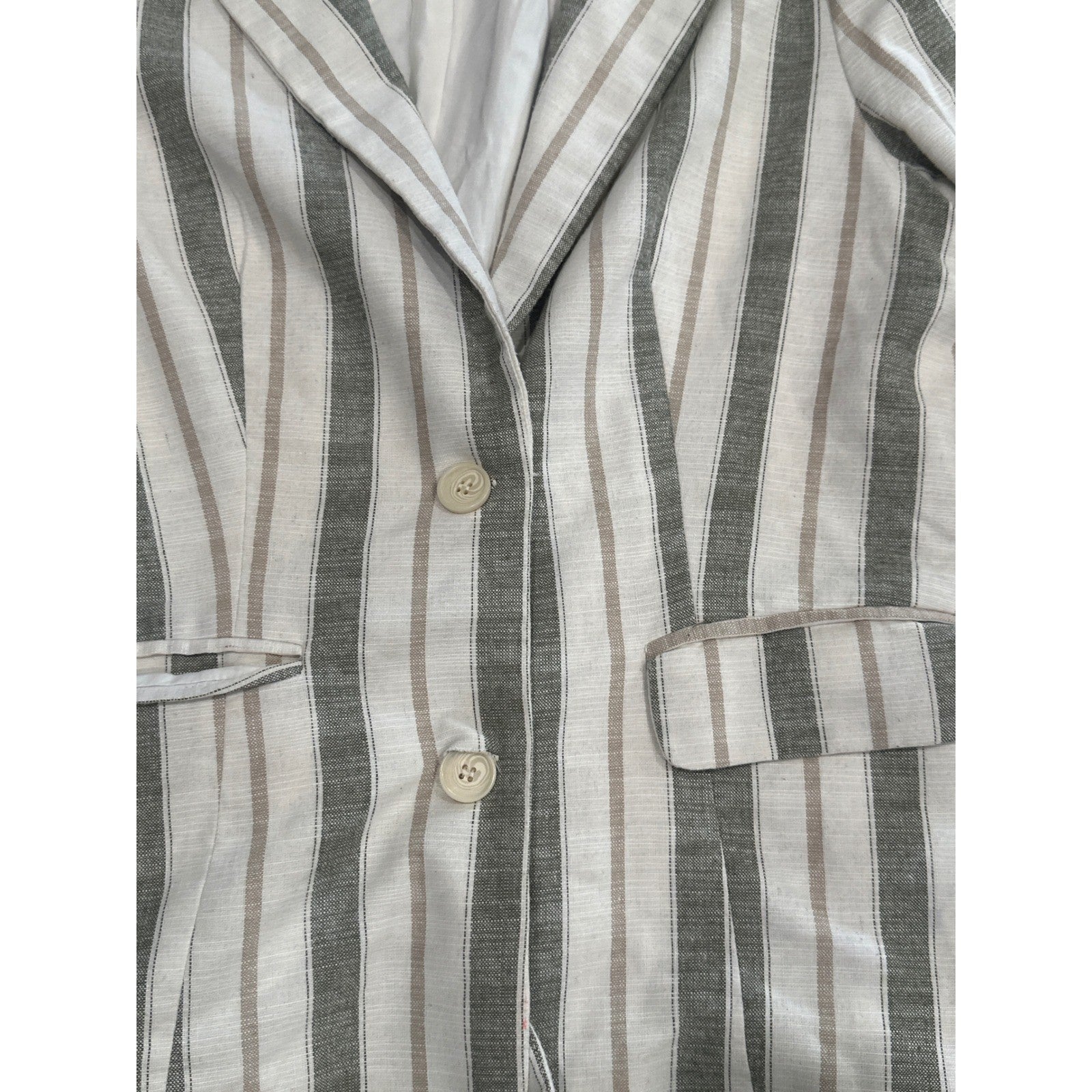 Gaudie Striped Blazer Women Large White Grey Tan Coastal Interview Two Button2