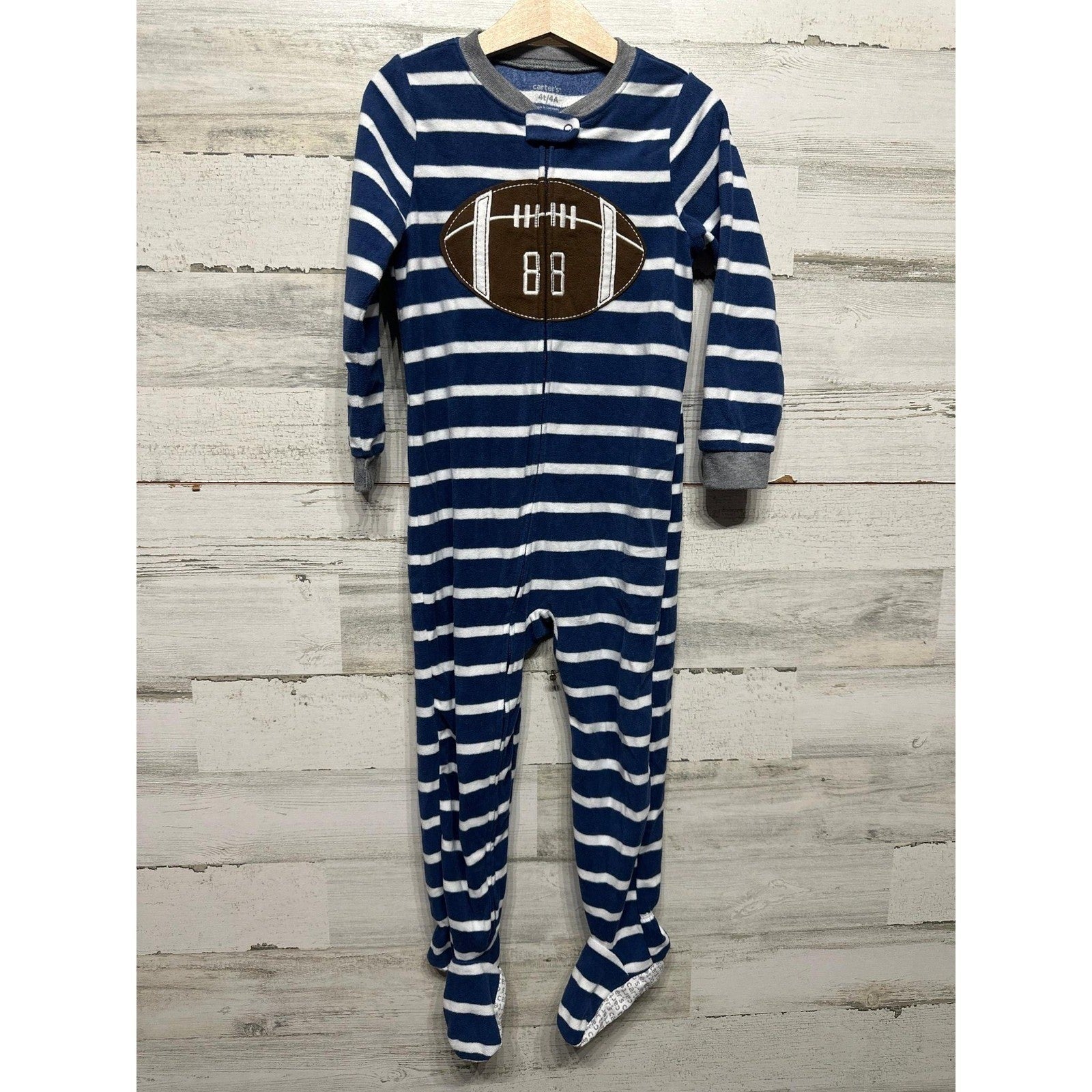 Carter's Footed Pajamas Boys 4T Navy Blue Striped Football Fleece EUC0