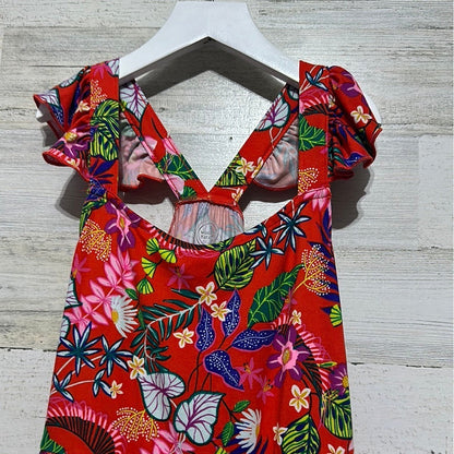 Wonder Nation Maxi Dress Girls 10/12 Red Tropical Floral Ruffle Tiered EUC1