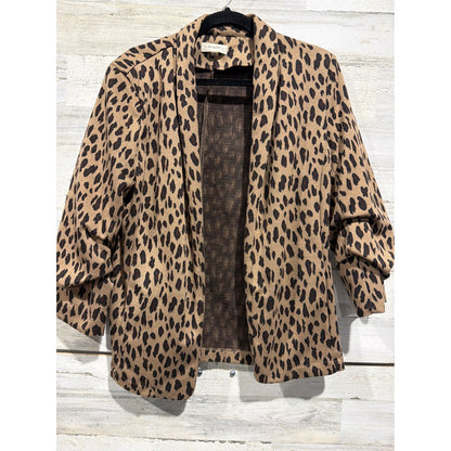 Ee:some Leopard Print Blazer Women Medium Brown Ruched Sleeve Open Front EUC0