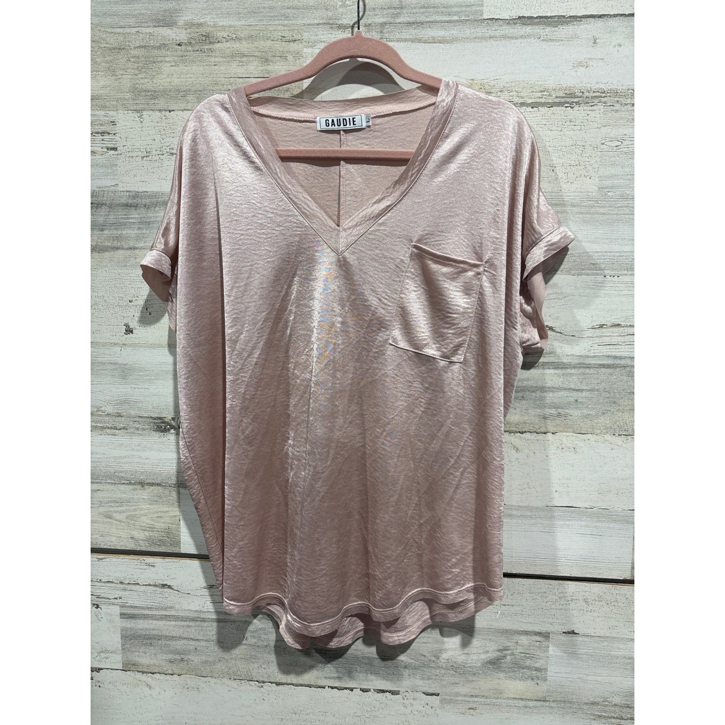 Gaudie V-Neck Blouse Womens Large Rose Gold Metallic Shimmer Glam EUC0