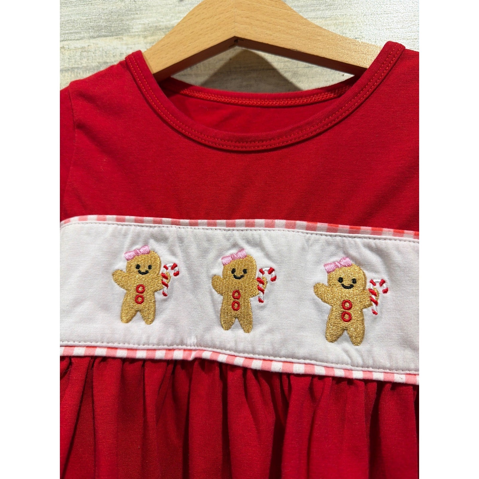 Boutique Gingerbread Smocked Outfit Girls 3 Red Gingham Ruffle Holiday EUC1