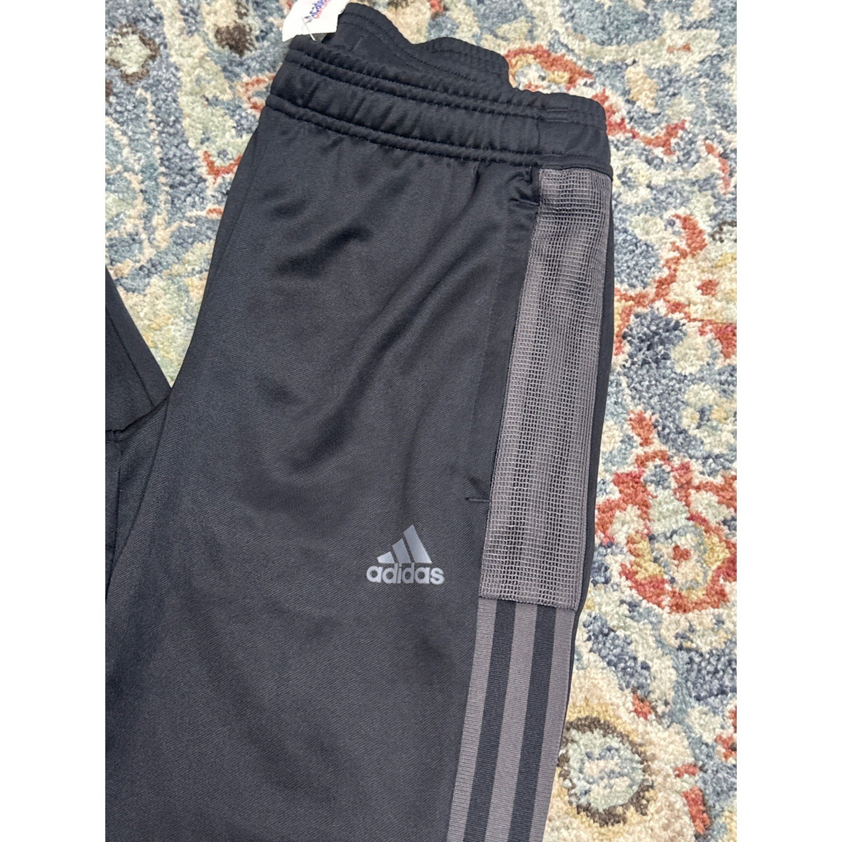 Adidas Joggers Boys 11/12 Black Grey Striped Mesh Athletic Track Pants NWT1