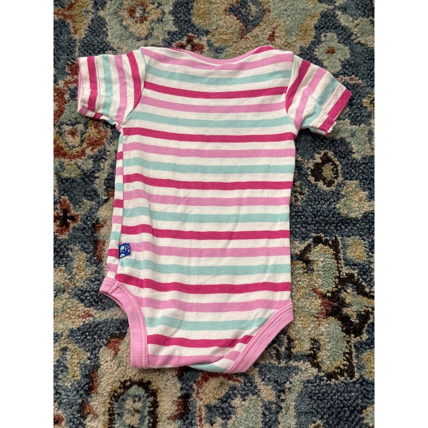 KicKee Pants Bodysuit Girls 0-3M Pink Teal Striped Bamboo Short Sleeve EUC1