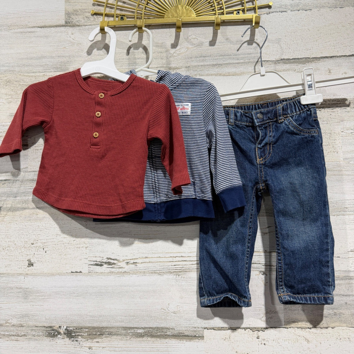 Focus Kids & Carters 3pc Outfit Set Boys 9-12M Red Blue Cotton Denim Casual EUC0