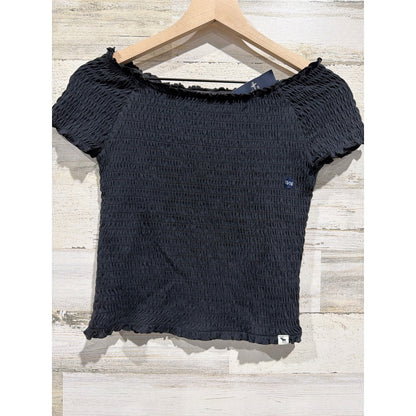 Abercrombie Smocked Top Girls 15/16 Black Off Shoulder Ruffle Coquette NWT0