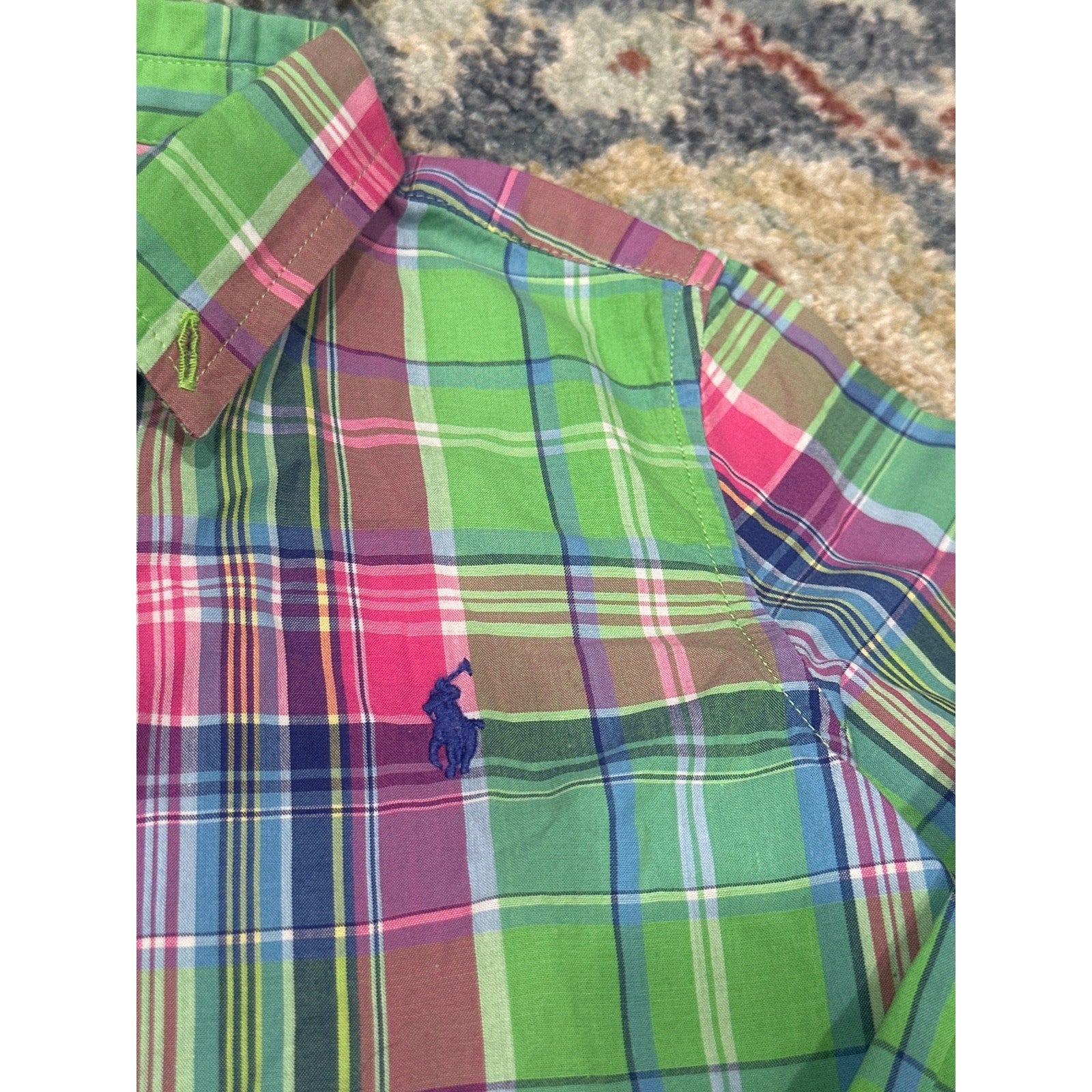 Ralph Lauren Button Down Kids 24M Green Pink Madras Plaid EUC2
