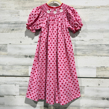 Southern Sunshine Smocked Dress Girls 7 Pink Santa Polka Dot Holiday EUC0