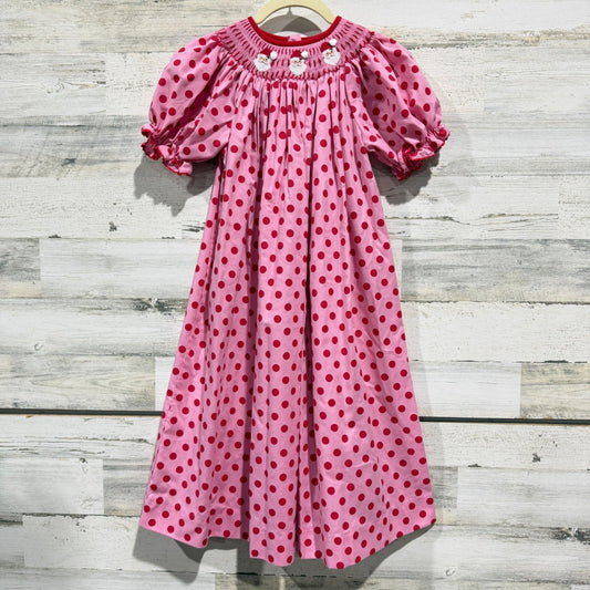 Southern Sunshine Smocked Dress Girls 7 Pink Santa Polka Dot Holiday EUC0