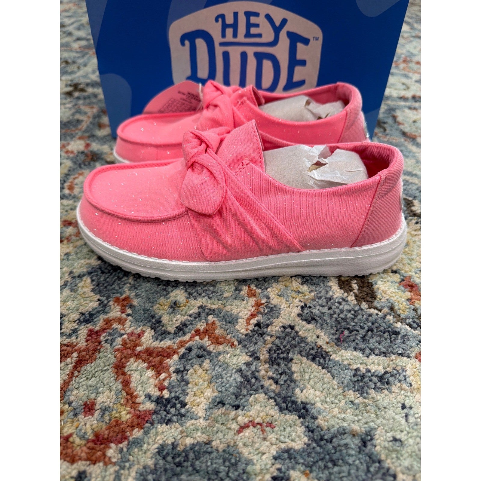 Hey Dude Wendy Bow Stardust Girls Size J5 Pink Glitter Slip On Moccasin NWT5