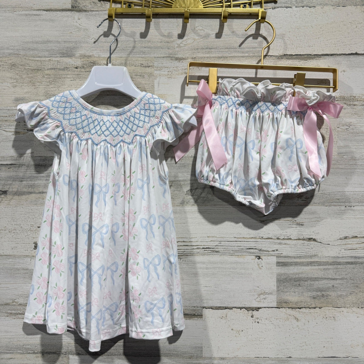 Little Bear Smocks Smocked Dress Set Girls 3T White Floral Bow Cotton Blend New9