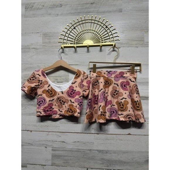 Happy Harlow Halloween Skirt Set Girls 8 Peach Mickey Pumpkin Bats EUC3
