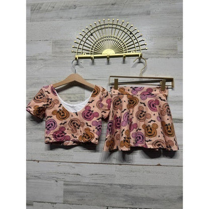 Happy Harlow Halloween Skirt Set Girls 8 Peach Mickey Pumpkin Bats EUC3