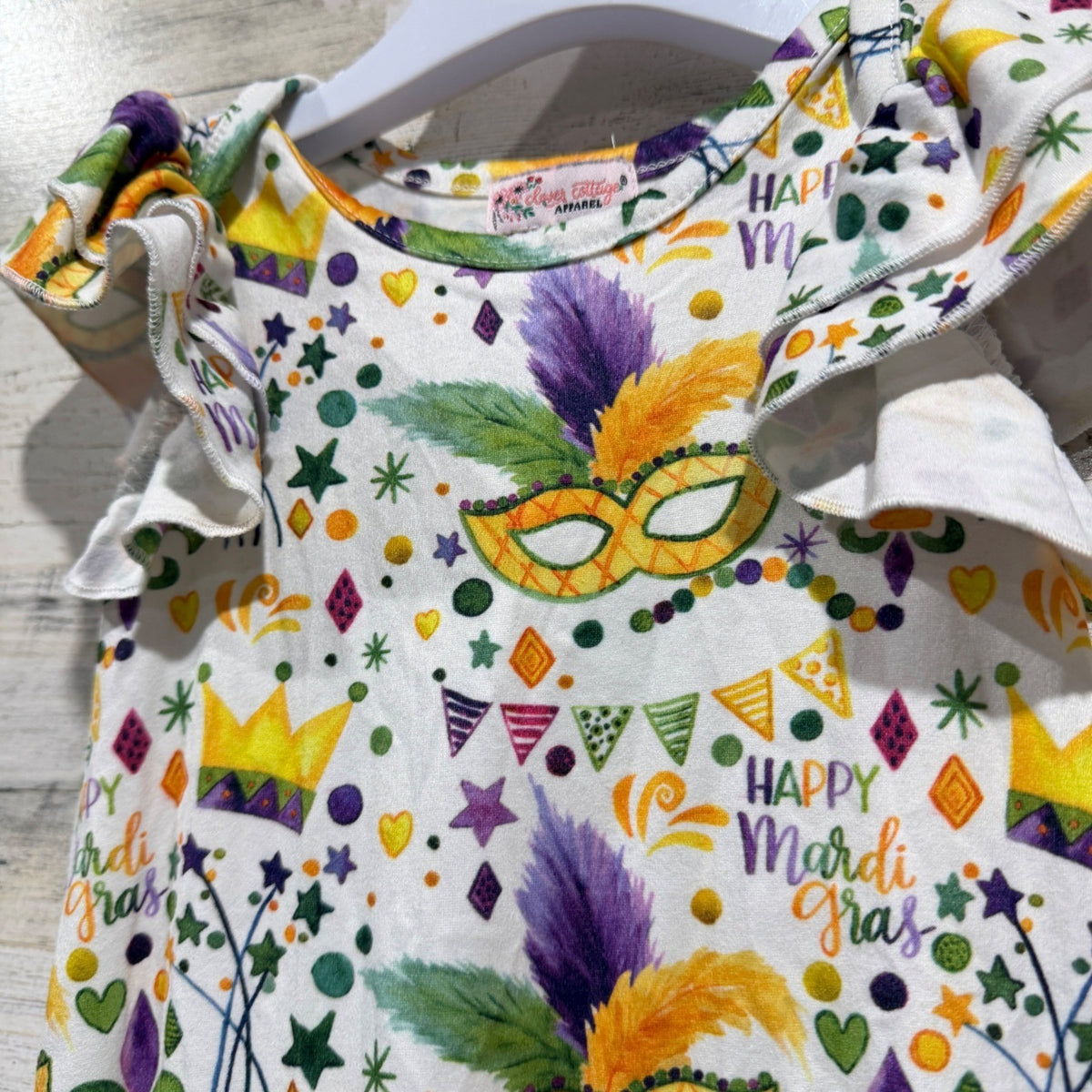 Clover Cottage Mardi Gras Ruffle Romper Girls 6-12M White Festive EUC1