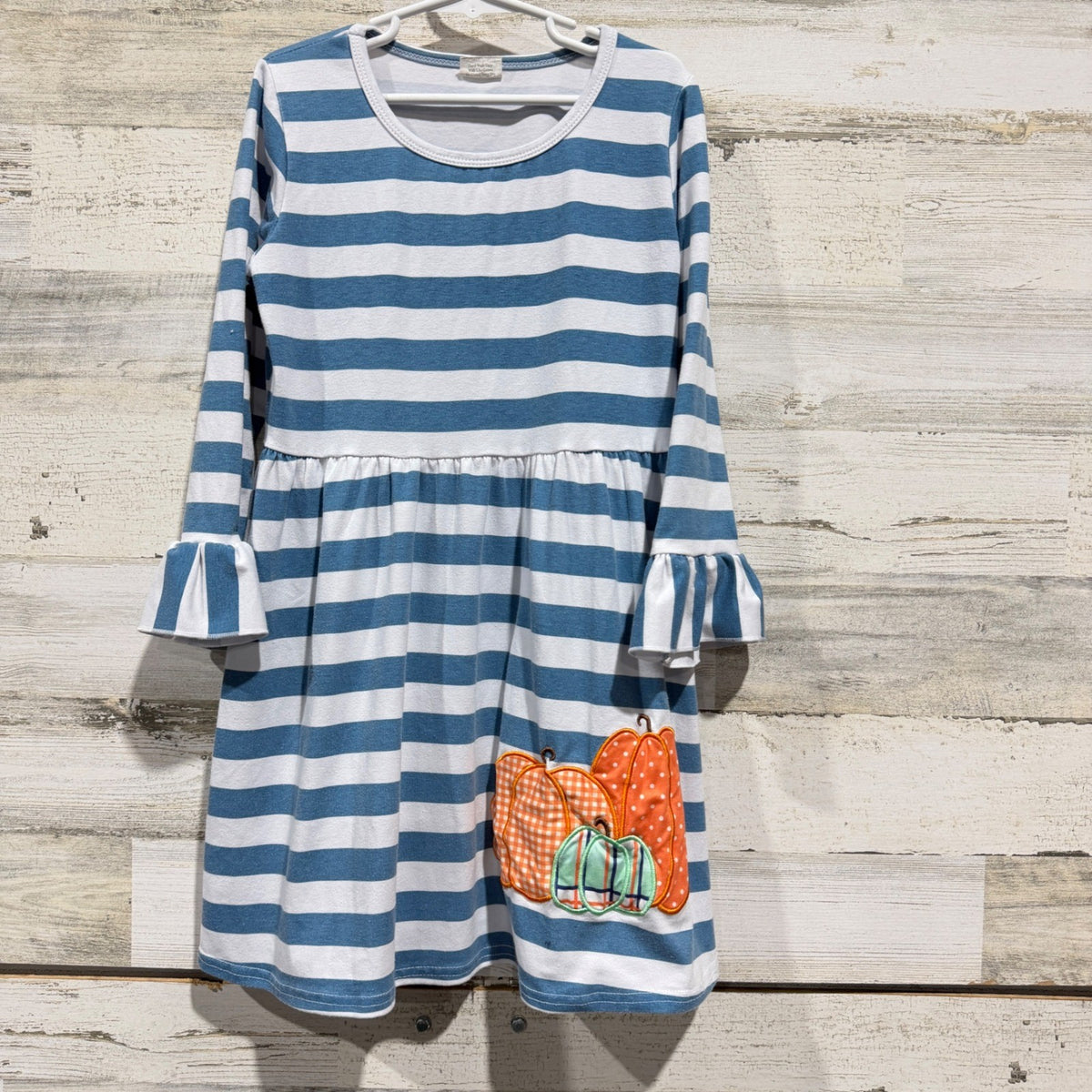 Boutique Dress Girls 7-8T Blue Stripe Pumpkin Applique Fall Boutique *Flawed*0