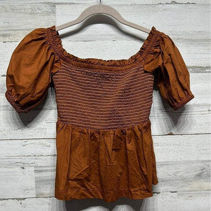 Old Navy Smocked Peplum Top Women Size S Rust Brown Puff Sleeve EUC0