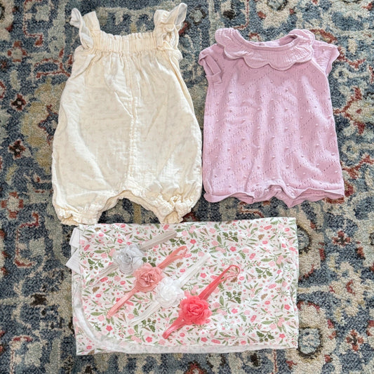 Cloud Island Romper Swaddle Girls Bundle 0-3M Pink Floral Gauze Cottagecore EUC0