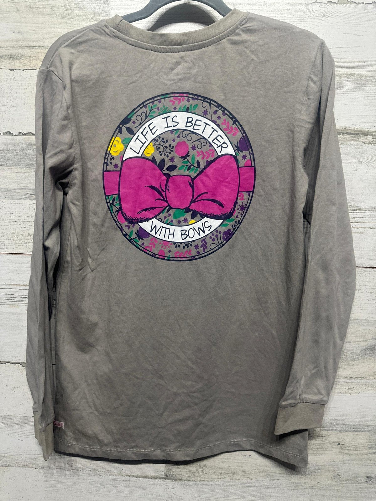 RuffleButts Long Sleeve Tee Women Medium Gray Pink Bow Graphic Pocket1
