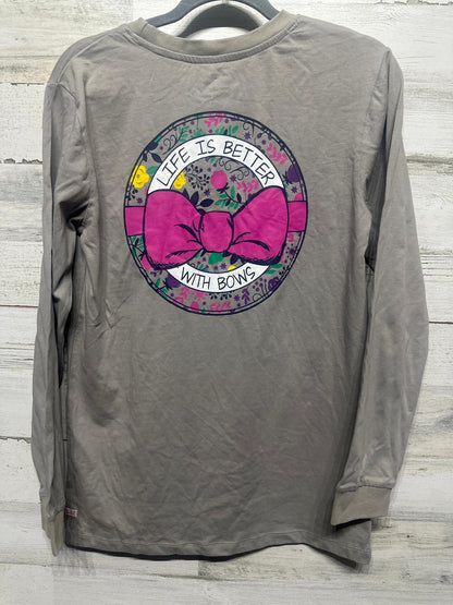 RuffleButts Long Sleeve Tee Women Medium Gray Pink Bow Graphic Pocket1