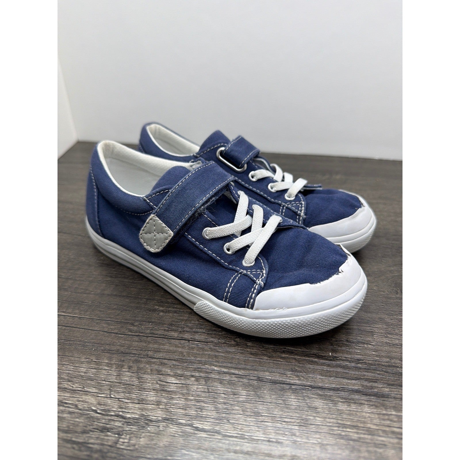 Footmates Canvas Sneakers Kids Size 1 Navy Blue Hook Loop Classic *Flawed0