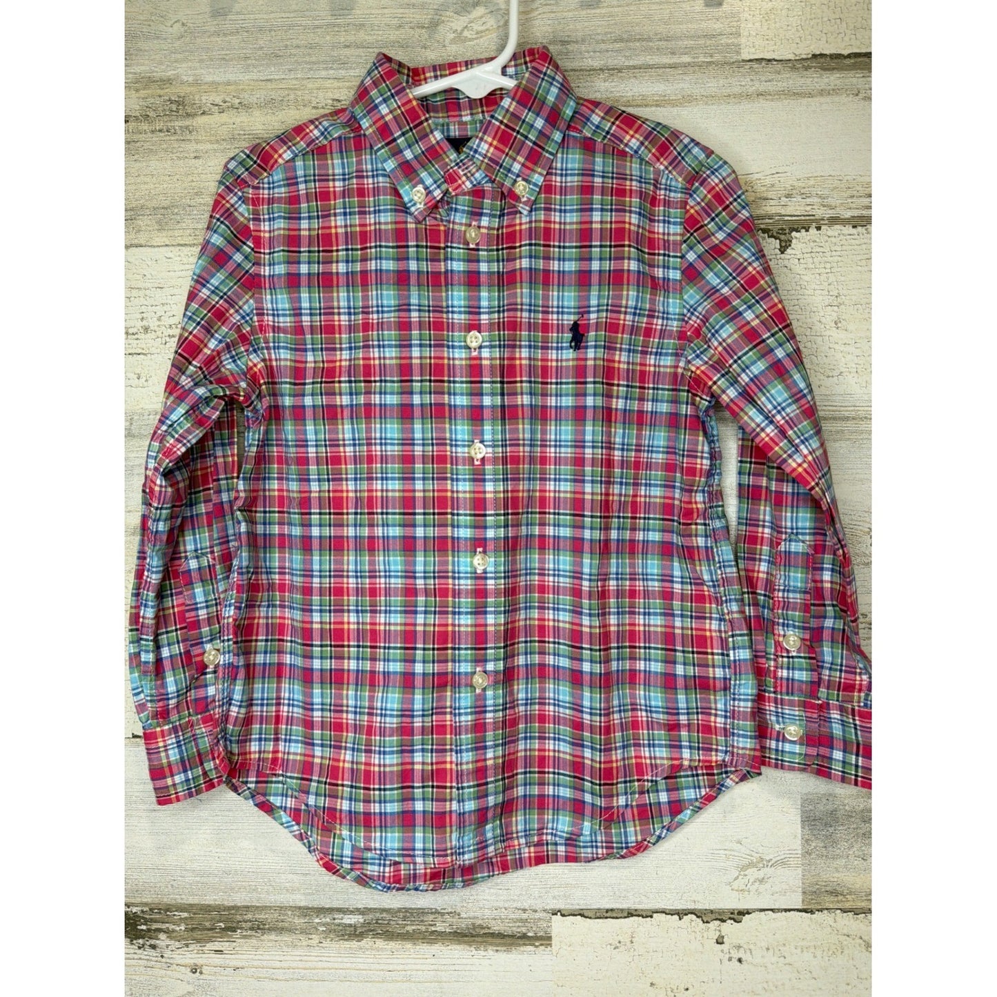Ralph Lauren Button Down Shirt Boys 4T Red Blue Plaid Preppy EUC0
