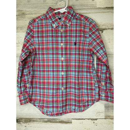 Ralph Lauren Button Down Shirt Boys 4T Red Blue Plaid Preppy EUC0