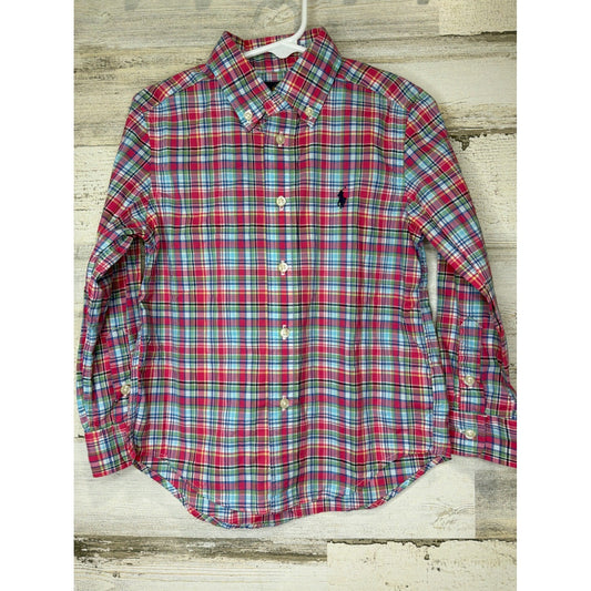 Ralph Lauren Button Down Shirt Boys 4T Red Blue Plaid Preppy EUC0