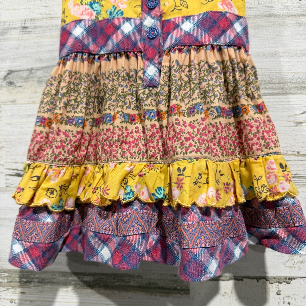 Matilda Jane Mixed Print Tiered Dress Girls Size 2 Yellow Floral Plaid Boho EUC2