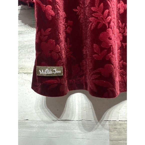 Matilda Jane Floral Velvet Dress Girls 6 Burgundy Smocked Mock Neck EUC1