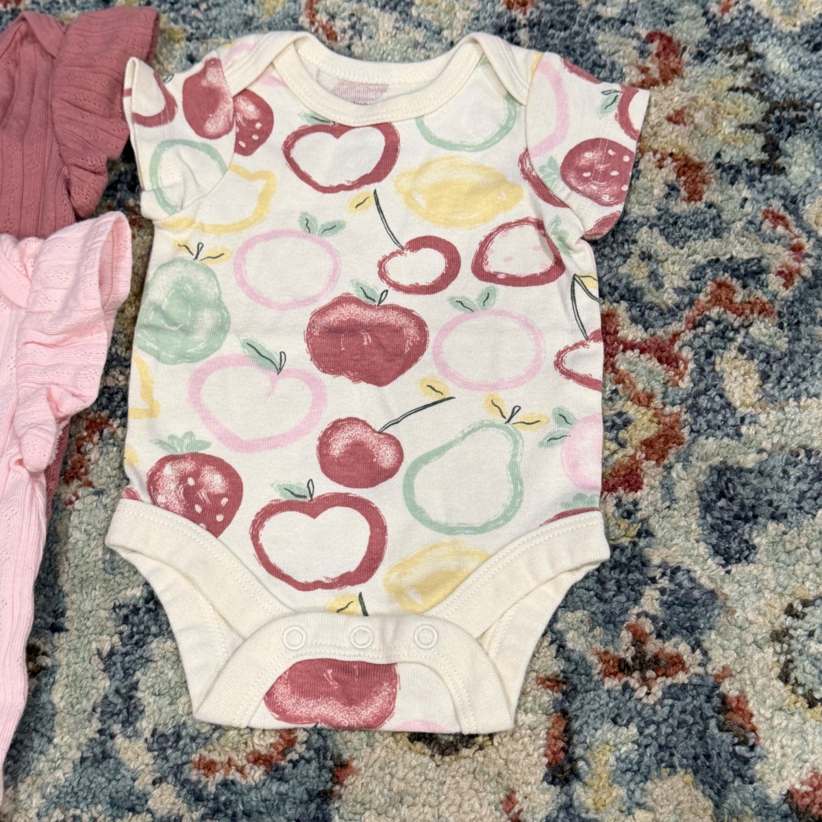 Member's Mark Bodysuit 4pk Girls NB Pink Fruit Ruffle Organic Cotton EUC2