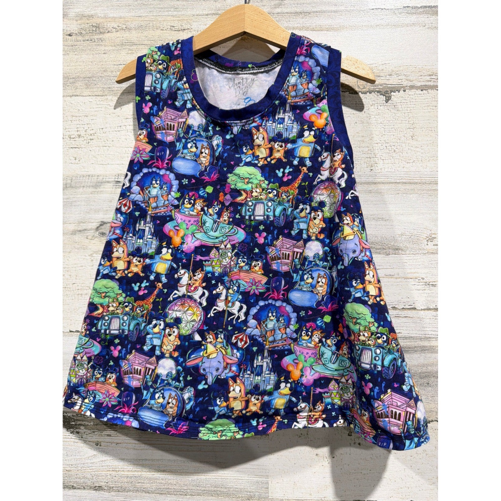 Bluey Tank Top Tunic Girls 8 Blue Theme Park Racerback Kidcore Small Shop EUC0