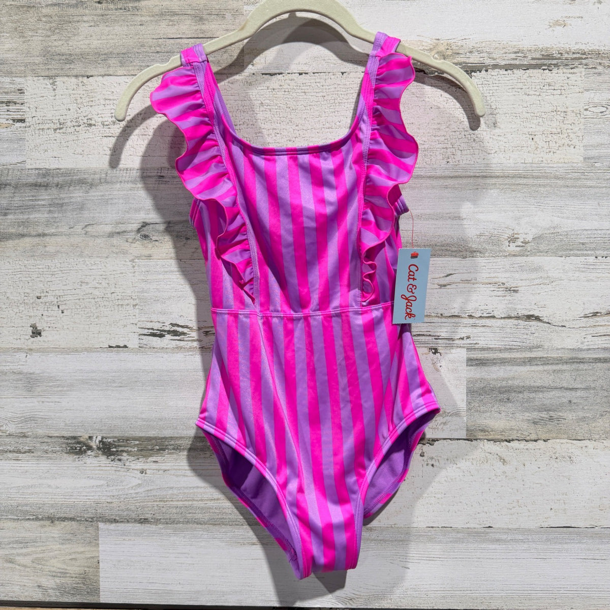 Cat & Jack Striped Ruffle One Piece Swimsuit Girls L 10/12 Pink Purple NWT0