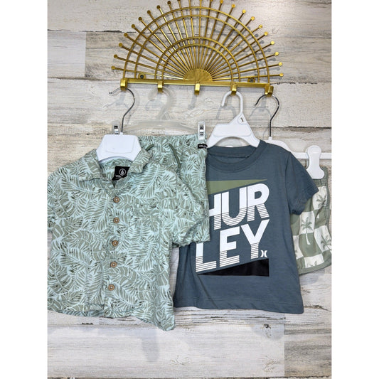 Volcom Hurley Boys 12M Green Grey Linen Set T-Shirt Swim Trunks Bundle Surf0
