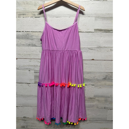Beach Lingo Tiered Midi Dress Girls Large Rainbow Pom-Pom Trim NWT0