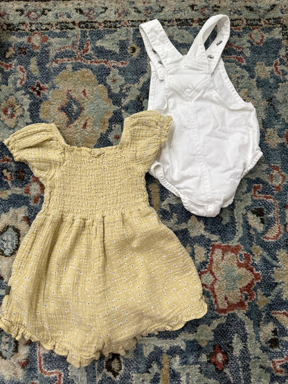Baby Girl Romper Bundle Size 9-12m Yellow Floral White Denim Overalls EUC1