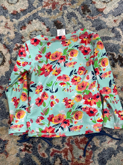 RuffleButts Rash Guard Girls 2T Aqua Floral Long Sleeve Side Tie EUC2