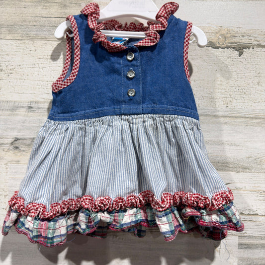 Toddle Tyke Dress Girls 12m Vintage Baby Blue Denim Plaid Ruffle Cottagecore GUC0