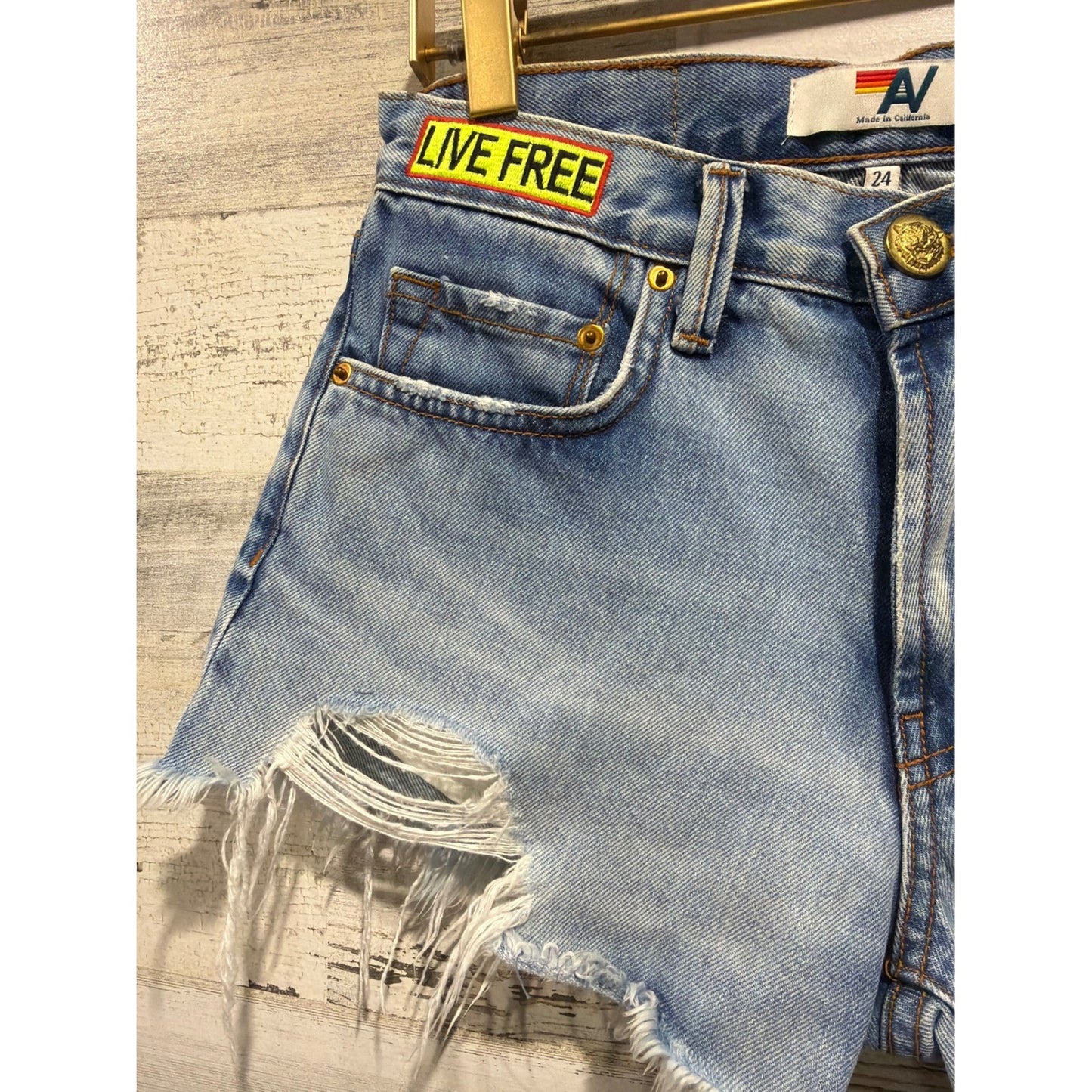 Aviation Nation Denim Shorts Women 24 Blue Distressed Patch Lightning Bolt*2