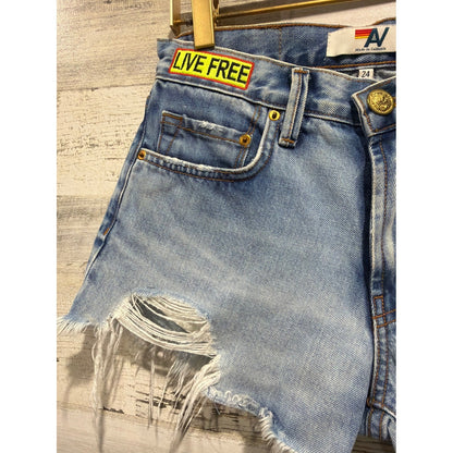 Aviation Nation Denim Shorts Women 24 Blue Distressed Patch Lightning Bolt*2