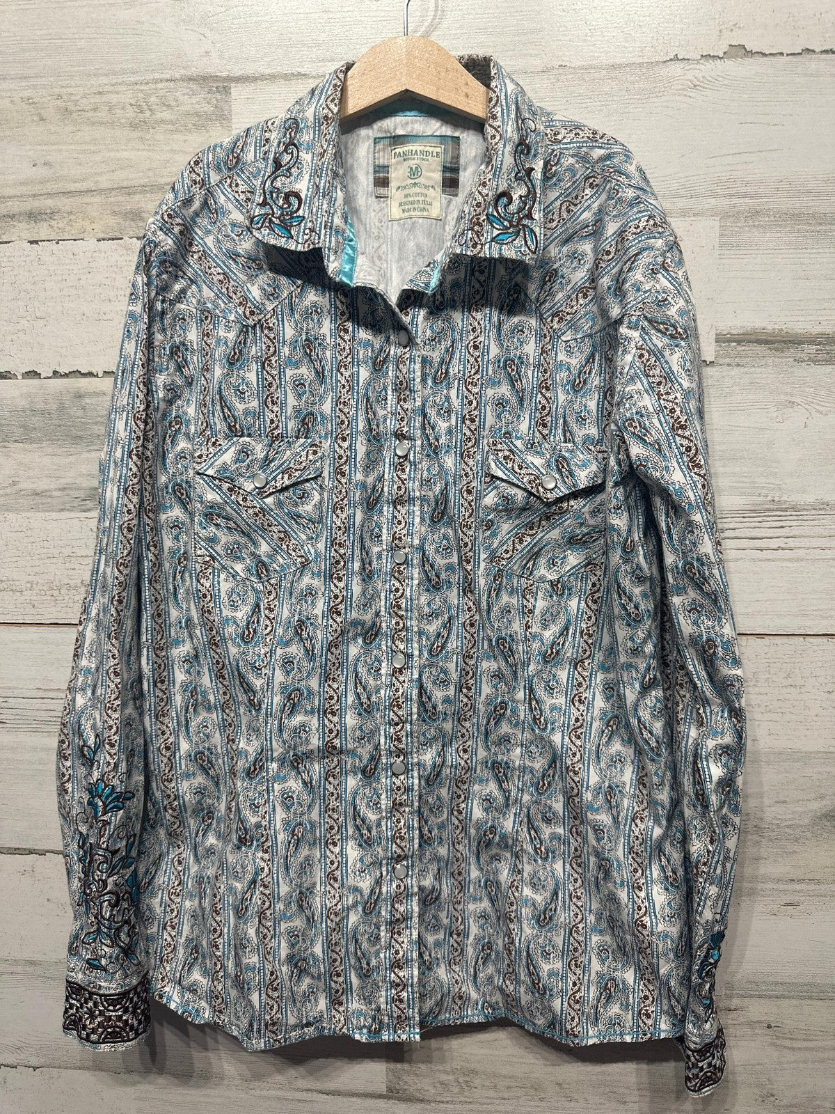 Panhandle Rough Stock Western Shirt Mens M Blue Paisley Embroidered Snap EUC0